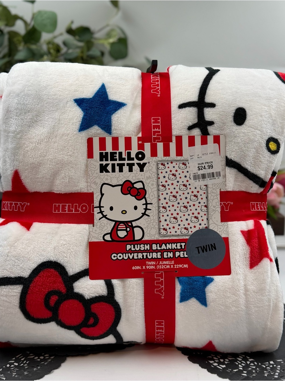Hello Kitty Plush Blanket in White, Red & Blue Star Pattern